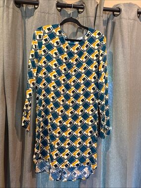 Wayf Teal, Yellow & White Geometric Long Sleeve Blouse